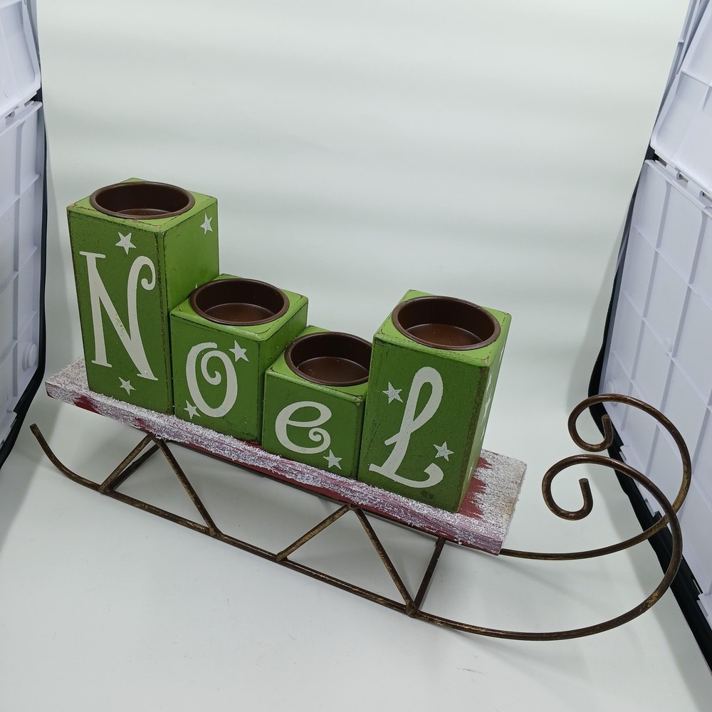 Noel Christmas Sleigh Candle Holder‎ Table Centerpiece Green Block Holiday Decor